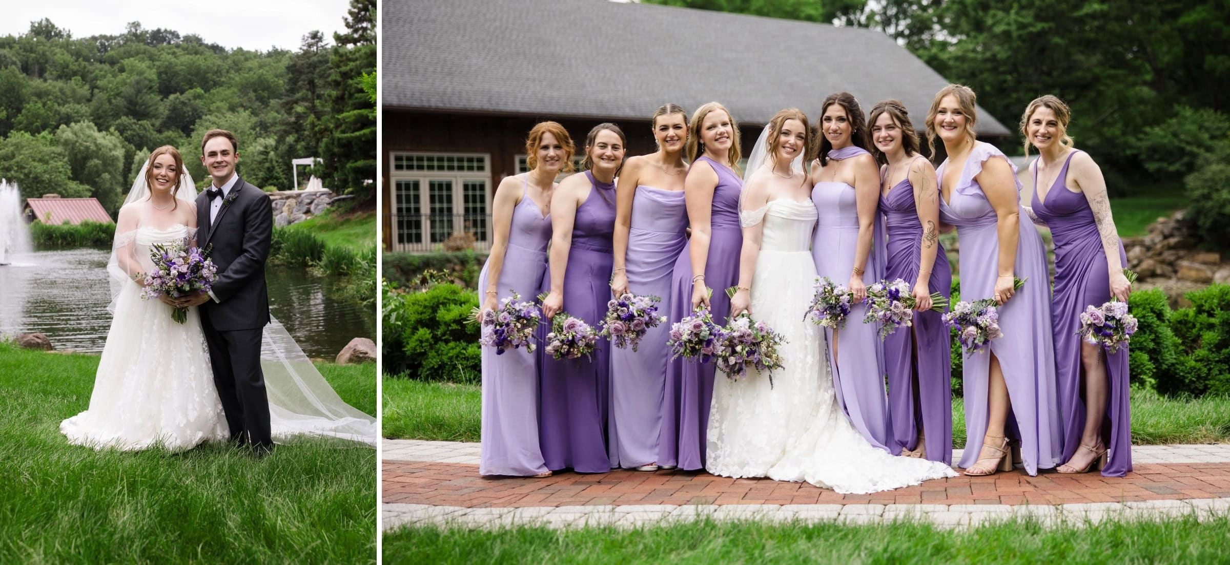 Bride and groom posing together on manicured lawn, holding bouquet, smiling at camera. — Wedding at Glasbern Inn, Fogelsville, PA