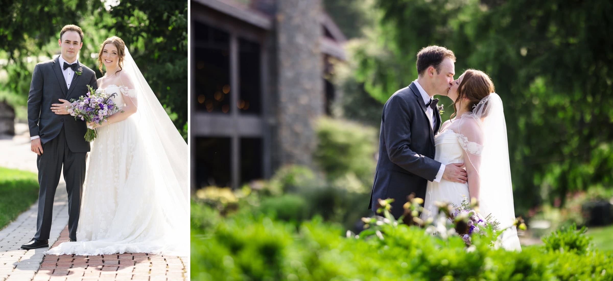 Bride and groom standing together for a formal wedding portrait on a brick pathway. — Wedding at Glasbern Inn, Fogelsville, PA