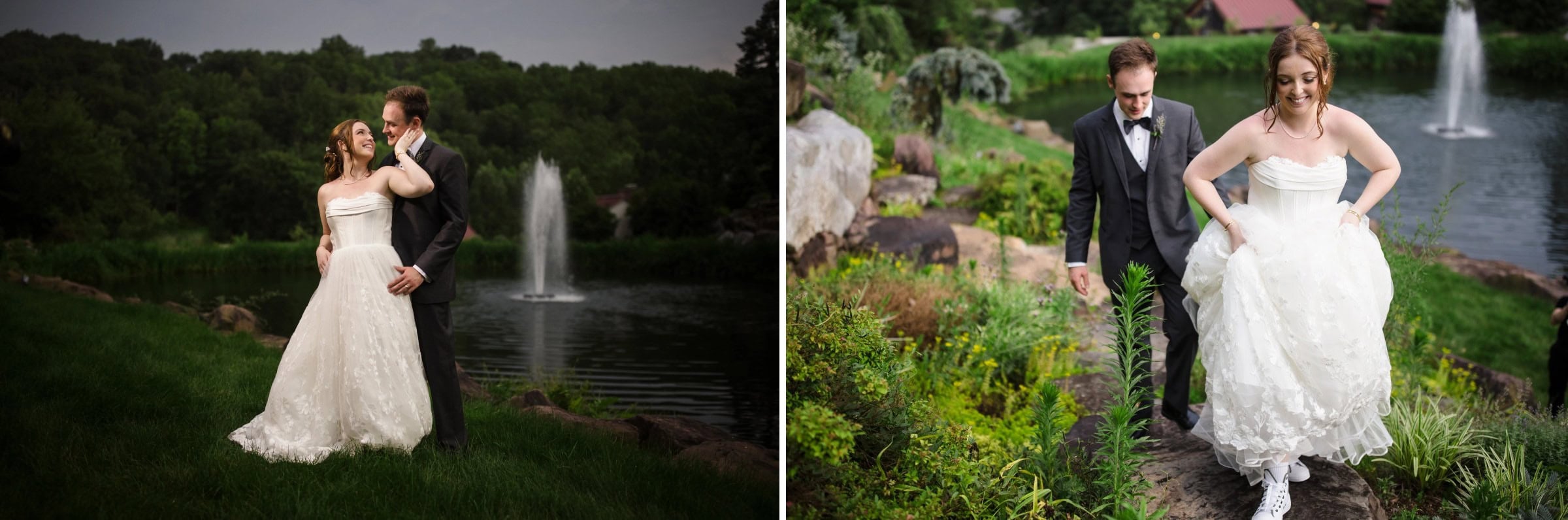Groom embracing bride from behind as she gazes toward the fountain across the lawn. — Wedding at Glasbern Inn, Fogelsville, PA