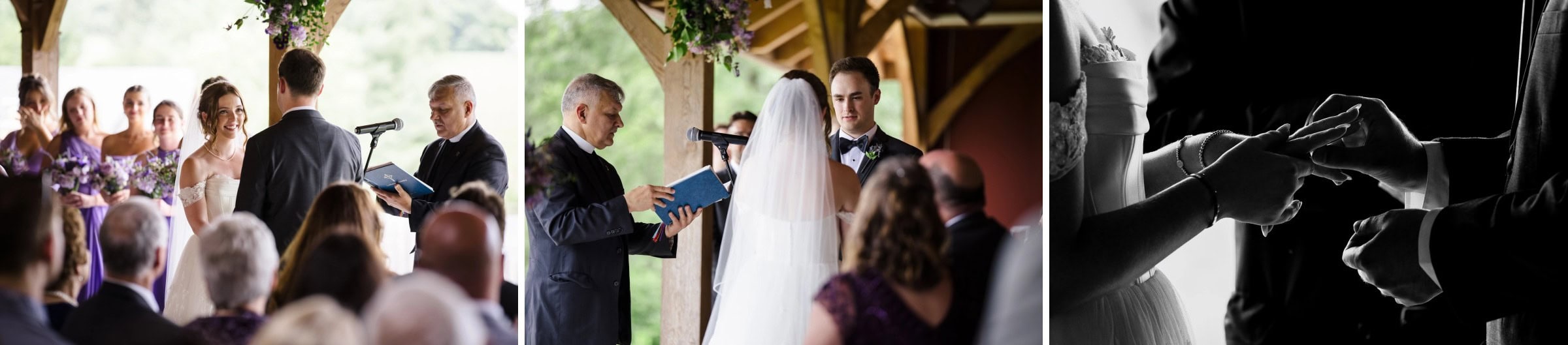 Groom and officiant conducting ceremony vows while bride watches, surrounded by wedding party and guests. — Wedding at Glasbern Inn, Fogelsville, PA