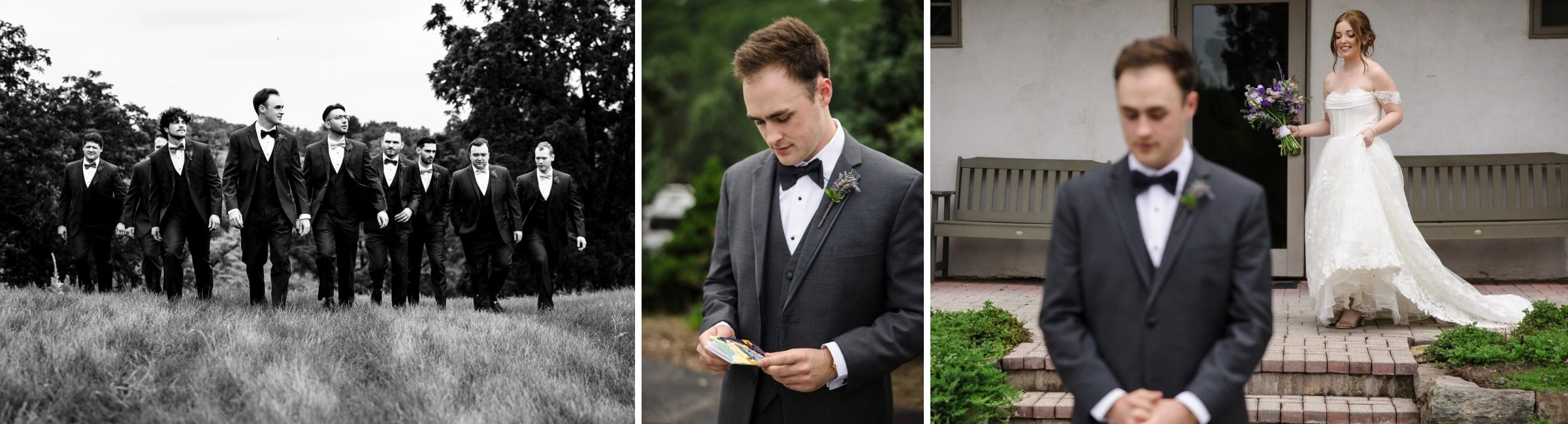 Nine men in formal suits walking together across an open grassy field. — Wedding at Glasbern Inn, Fogelsville, PA