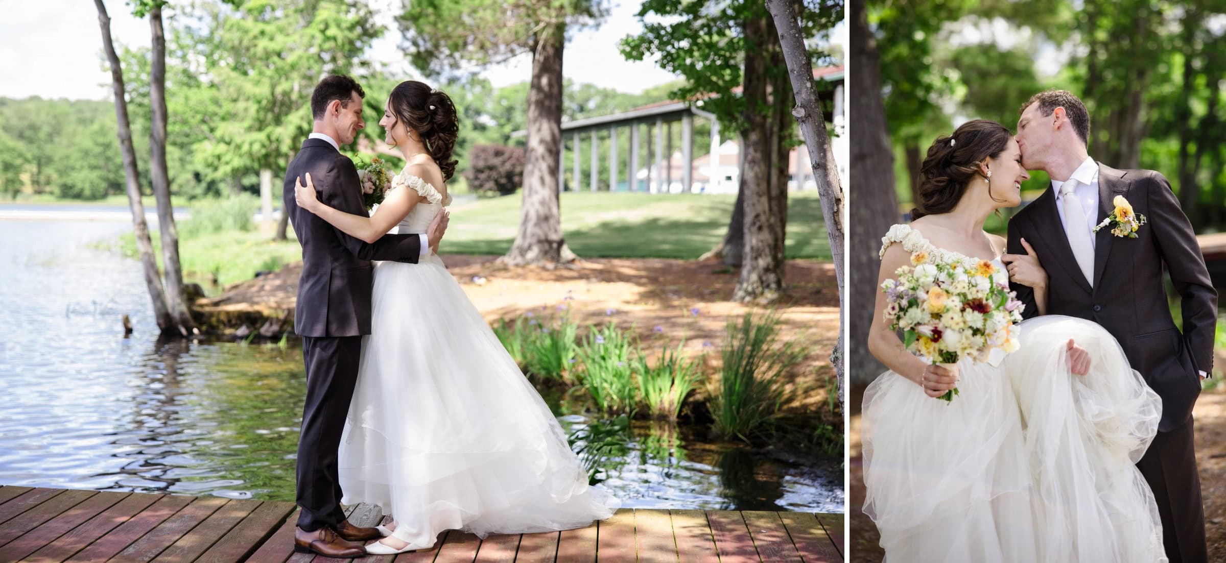 Bride and groom embrace on a wooden dock beside a calm river, surrounded by tall trees. — Wedding at Tyler Hill Camp, Tyler Hill, PA