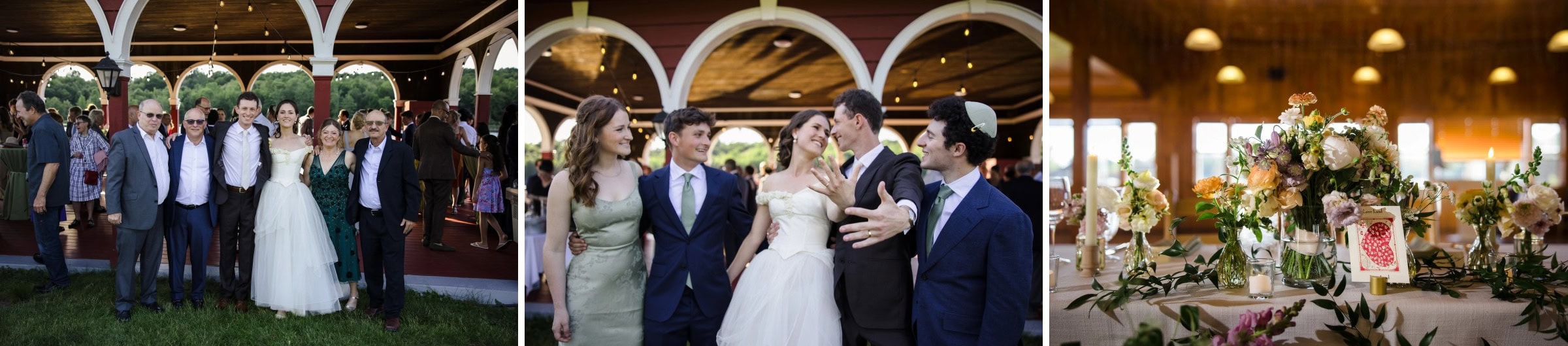 Bride and groom posing with family members under a covered pavilion after the ceremony. — Wedding at Tyler Hill Camp, Tyler Hill, PA