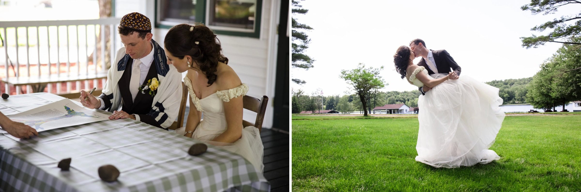 Bride and groom reviewing wedding plans together at a table during getting-ready. — Wedding at Tyler Hill Camp, Tyler Hill, PA