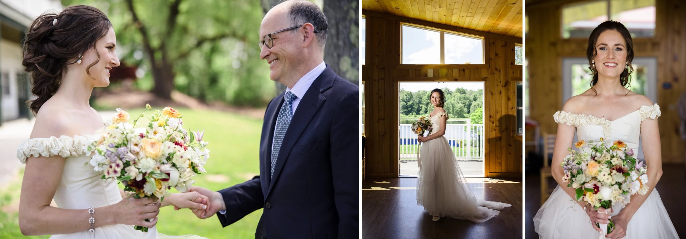 Bride and man exchanging a first look, holding hands while she clutches her bouquet. — Wedding at Tyler Hill Camp, Tyler Hill, PA
