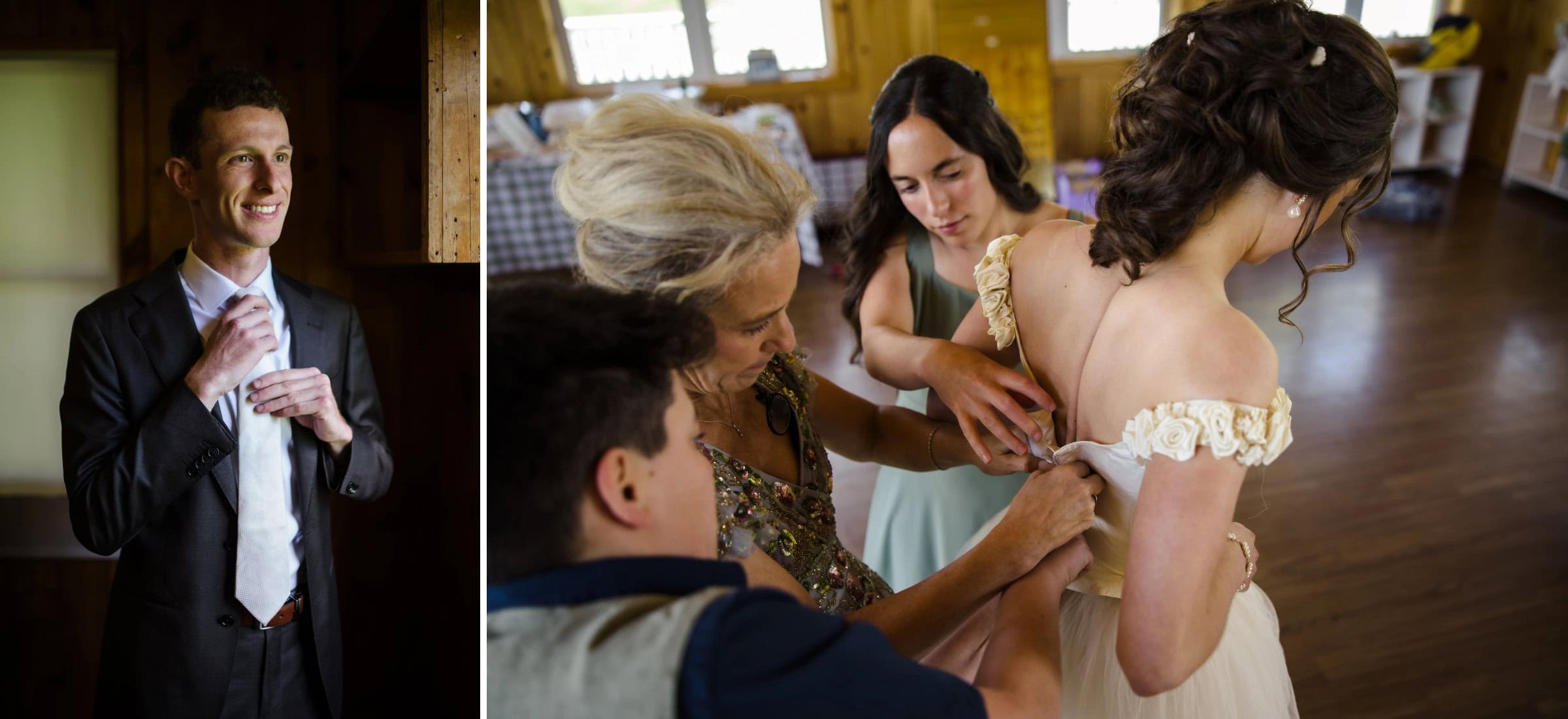 Man adjusting his tie while smiling, preparing for an event. — Wedding at Tyler Hill Camp, Tyler Hill, PA