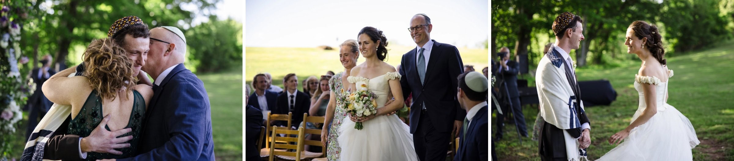 Man in navy suit embracing woman in dark green dress at outdoor wedding celebration. — Wedding at Tyler Hill Camp, Tyler Hill, PA