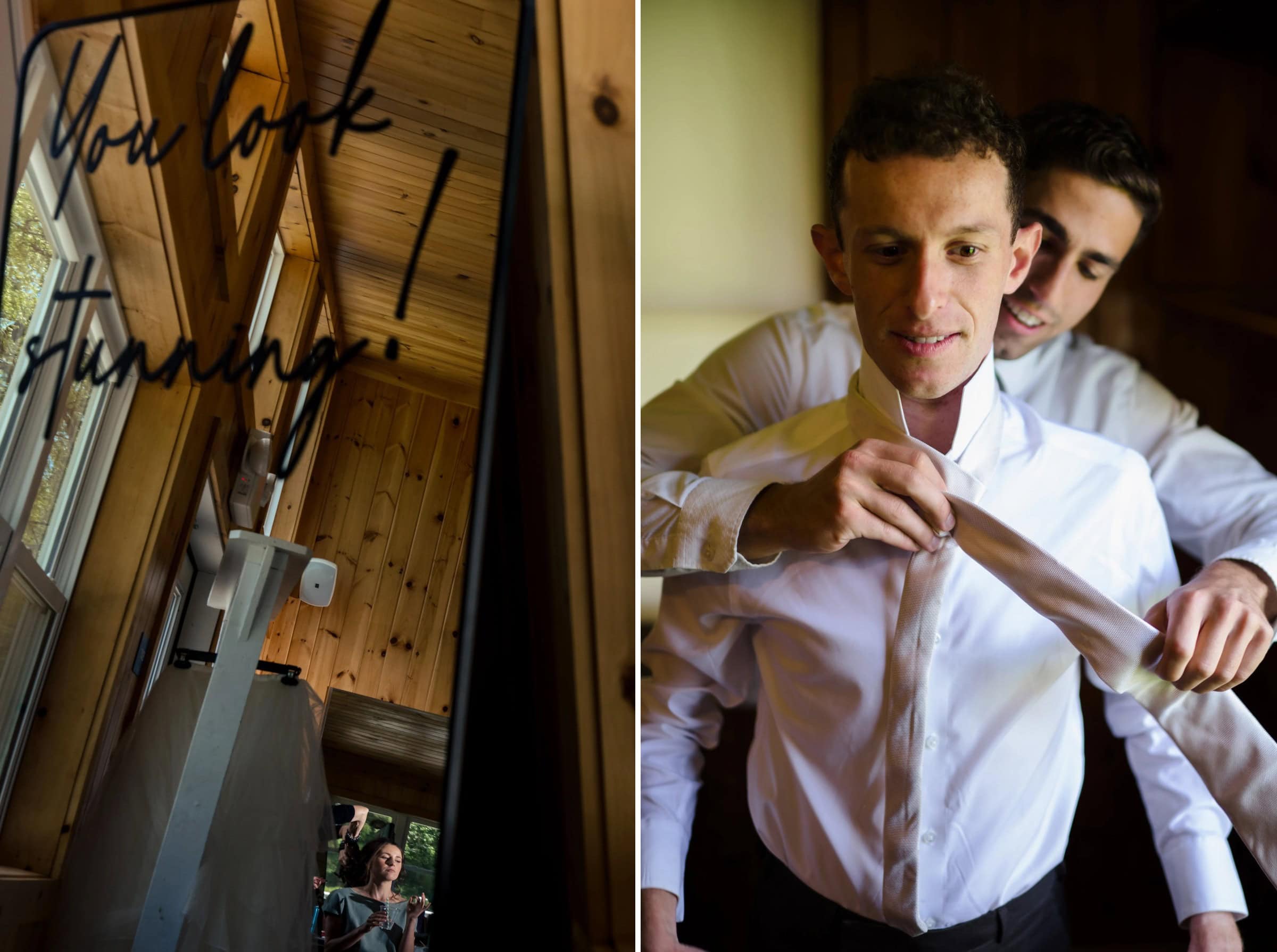 Person standing in a wooden hallway or corridor, looking upward at the ceiling and architectural details. — Wedding at Tyler Hill Camp, Tyler Hill, PA