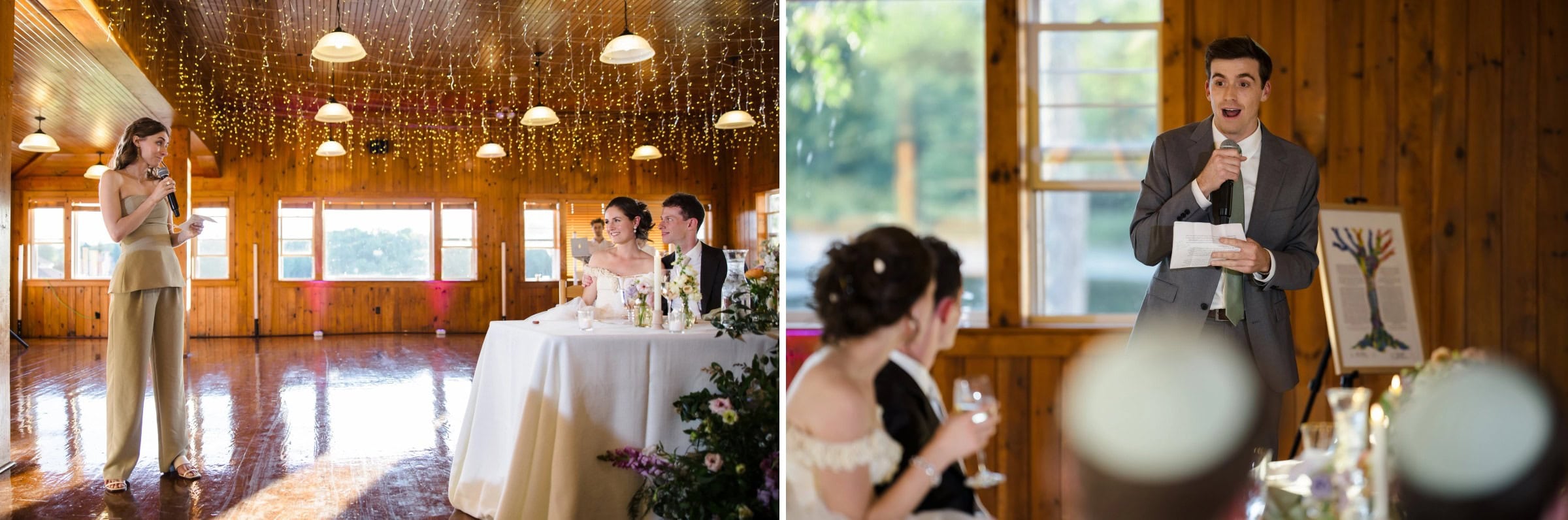 Woman giving a speech at a wedding reception while bride and groom listen from their table. — Wedding at Tyler Hill Camp, Tyler Hill, PA