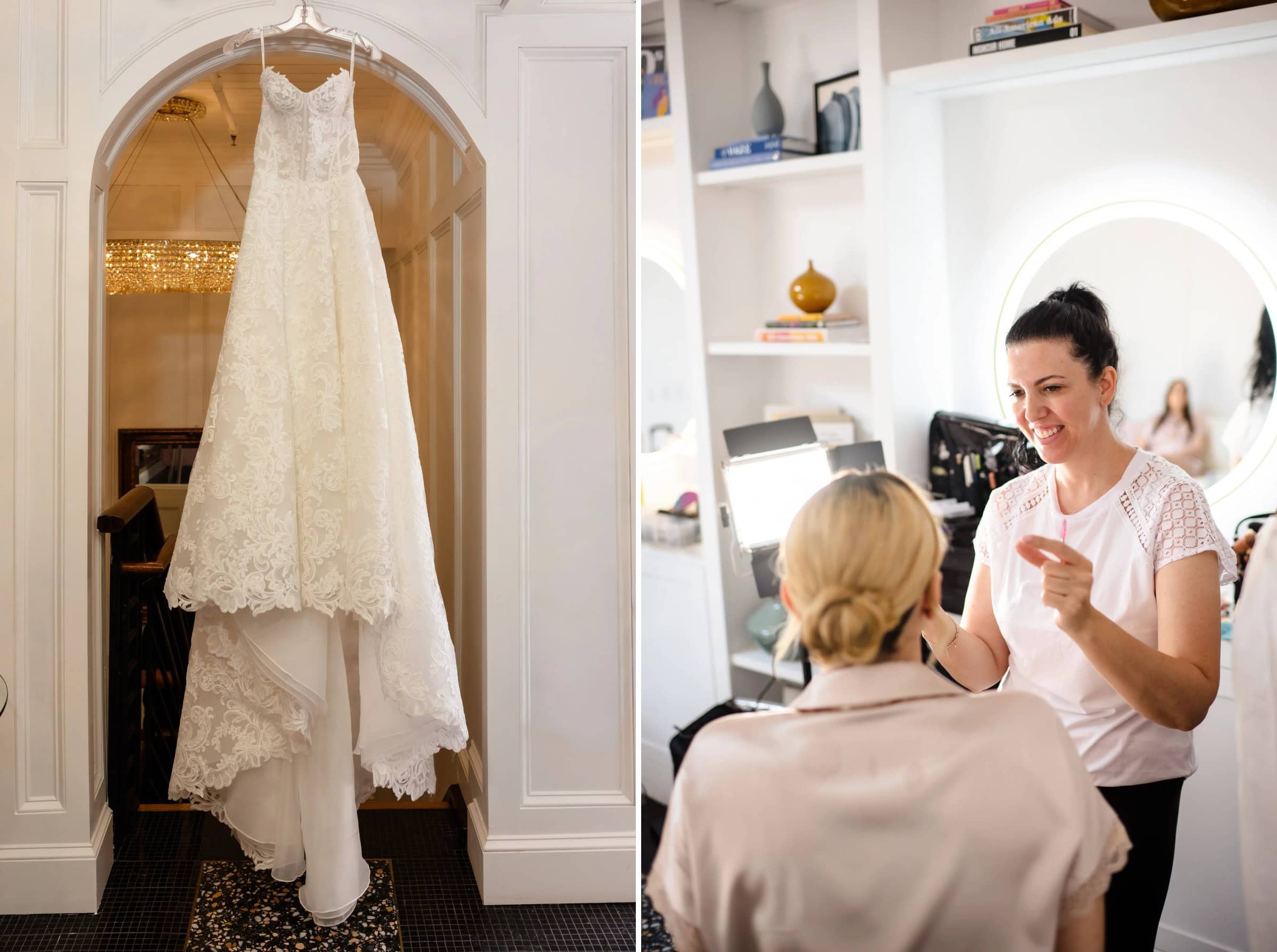 A bridal gown hangs from a doorway before the wedding ceremony. &mdash; Wedding at Landmark Tavern at Stonehouse, Warren, NJ