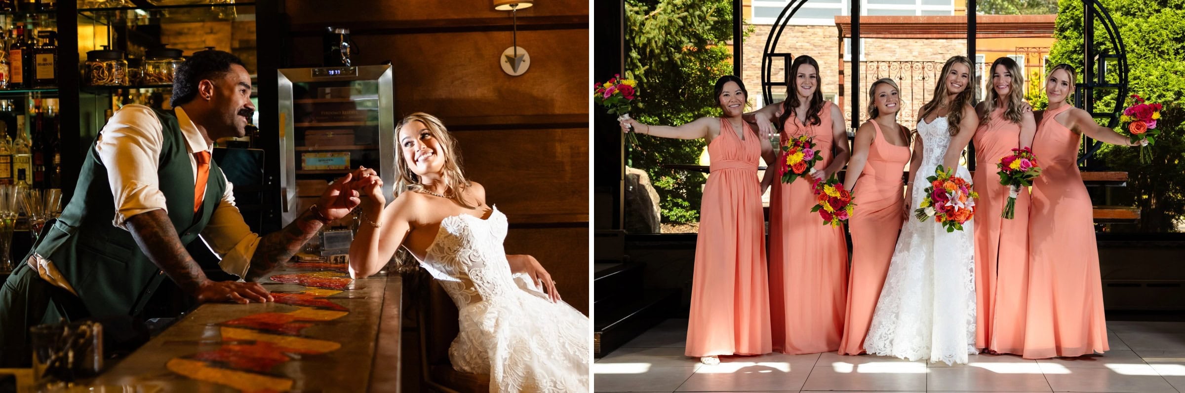Bride and bartender flirt and laugh together at the bar during reception. &mdash; Wedding at Landmark Tavern at Stonehouse, Warren, NJ