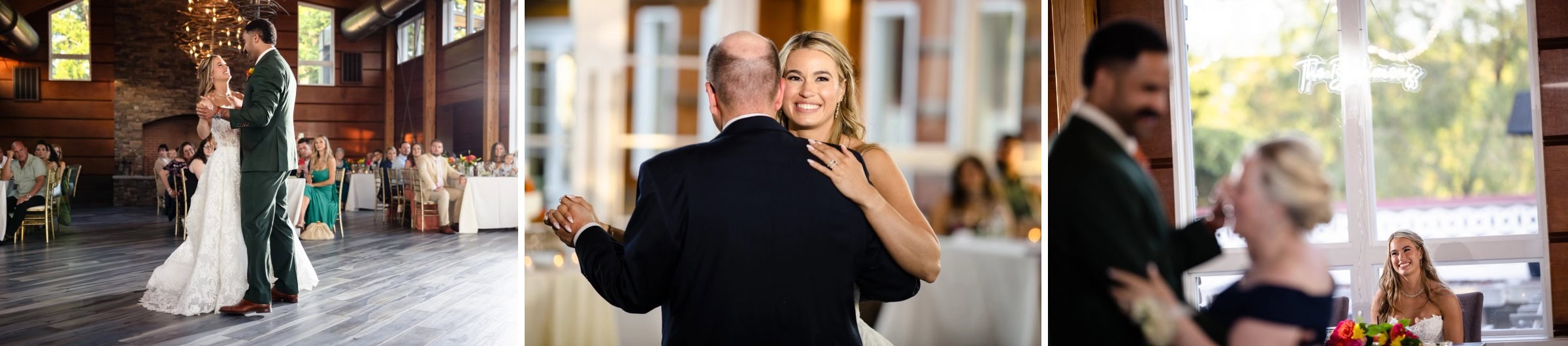 Bride and groom share their first dance at the reception, swaying together on the dance floor. &mdash; Wedding at Landmark Tavern at Stonehouse, Warren, NJ