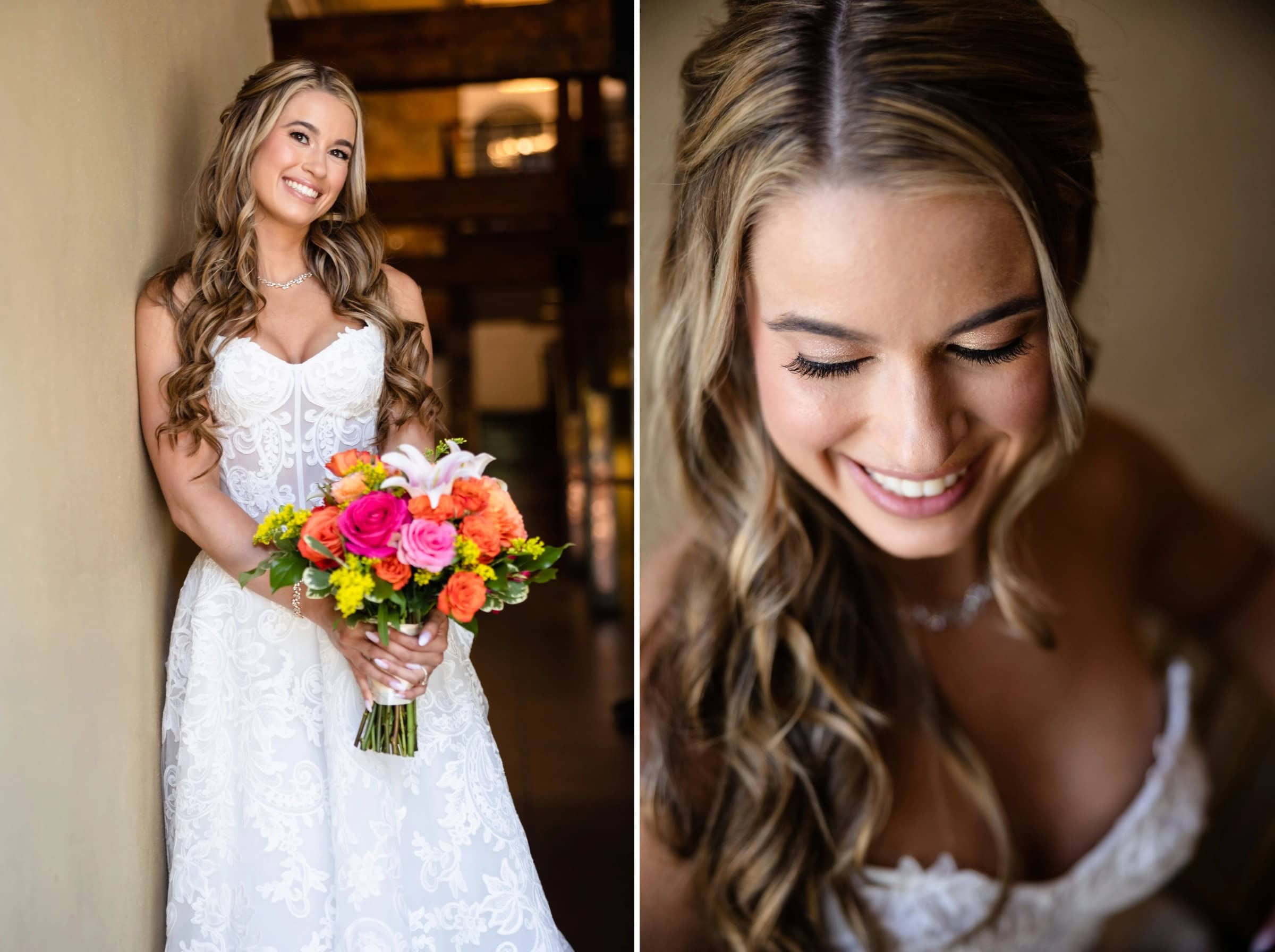 Bride posing with her colorful bouquet, smiling at the camera in an elegant white lace gown. &mdash; Wedding at Landmark Tavern at Stonehouse, Warren, NJ