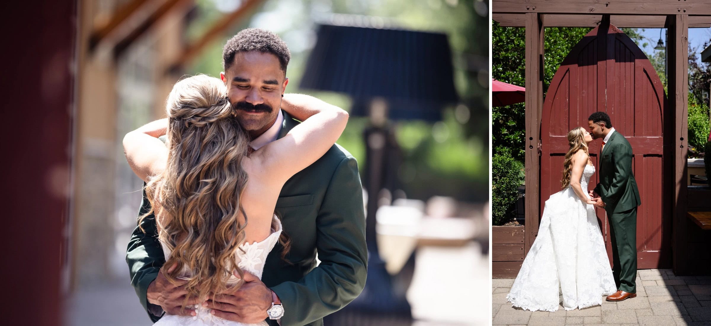 Groom holding bride from behind, both smiling at camera in an outdoor street setting. &mdash; Wedding at Landmark Tavern at Stonehouse, Warren, NJ