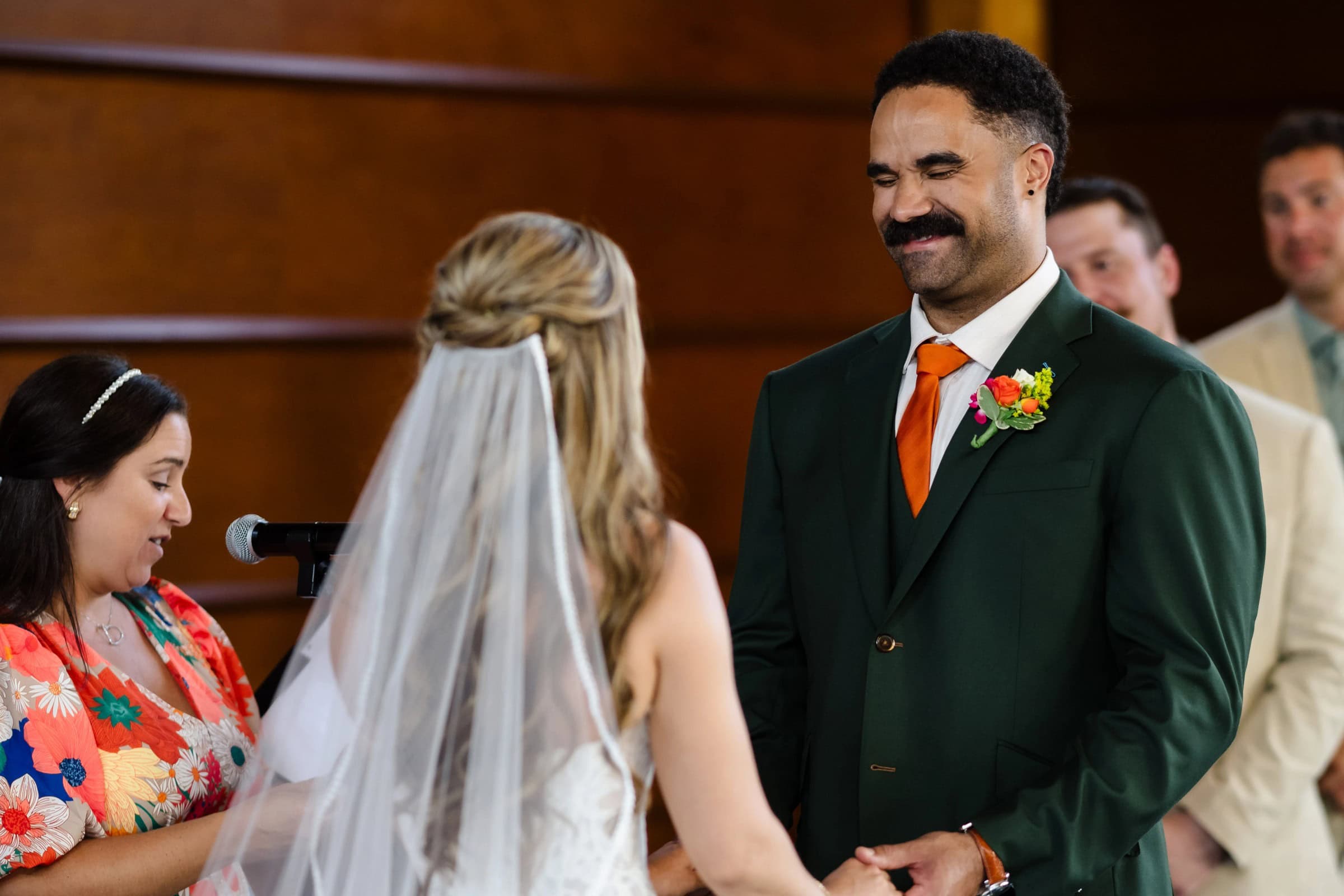 Groom smiling at bride during wedding ceremony vows exchange &mdash; Wedding at Landmark Tavern at Stonehouse, Warren, NJ