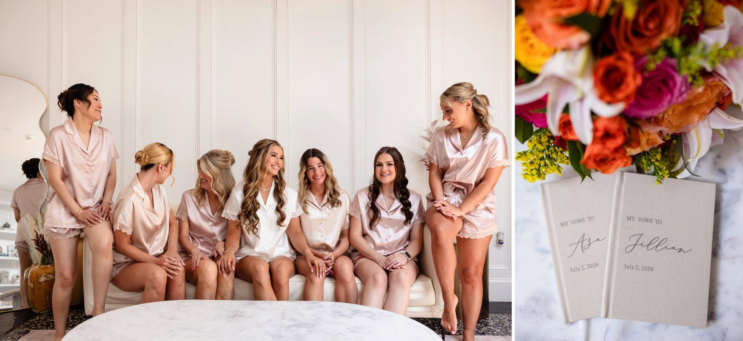 A group of women in silk robes sitting together on a bed, laughing and bonding before a wedding. &mdash; Wedding at Landmark Tavern at Stonehouse, Warren, NJ
