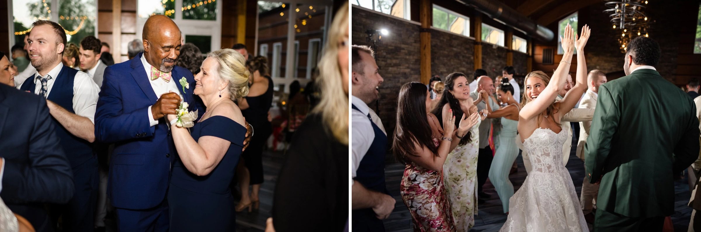 Man and woman dancing together at a wedding reception, smiling and holding hands. &mdash; Wedding at Landmark Tavern at Stonehouse, Warren, NJ