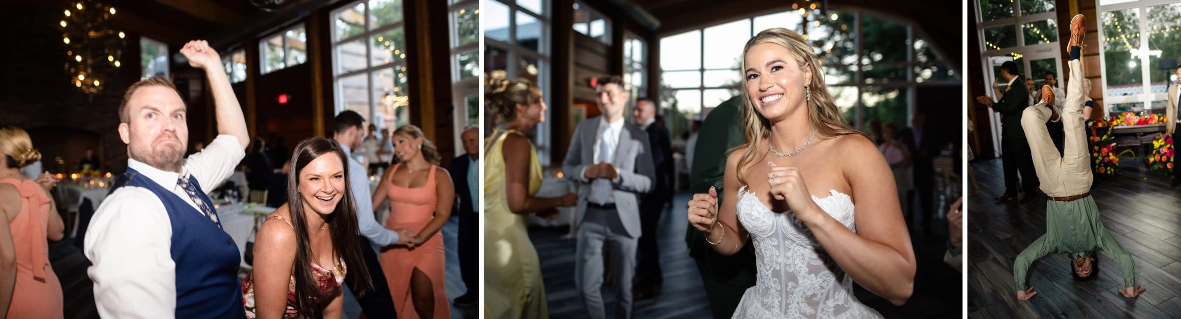 Man and woman dancing together at a wedding reception, both smiling and engaged with each other. &mdash; Wedding at Landmark Tavern at Stonehouse, Warren, NJ