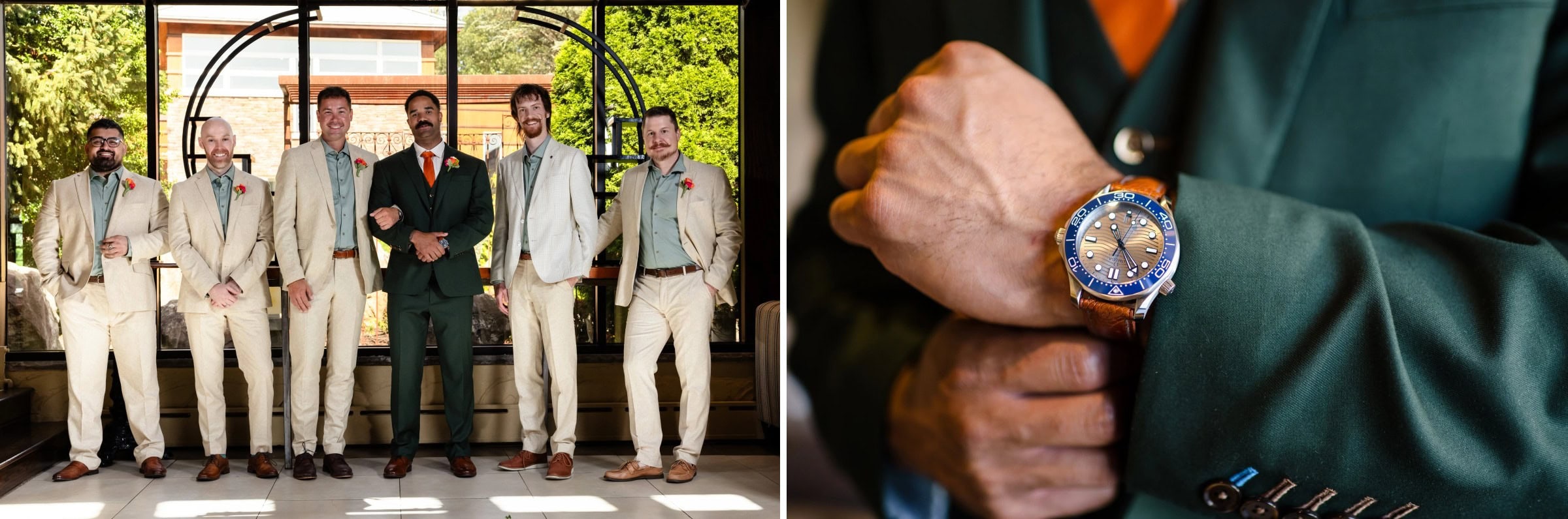 Six men in formal attire stand shoulder-to-shoulder for a groomsmen portrait beneath an arched garden structure. &mdash; Wedding at Landmark Tavern at Stonehouse, Warren, NJ