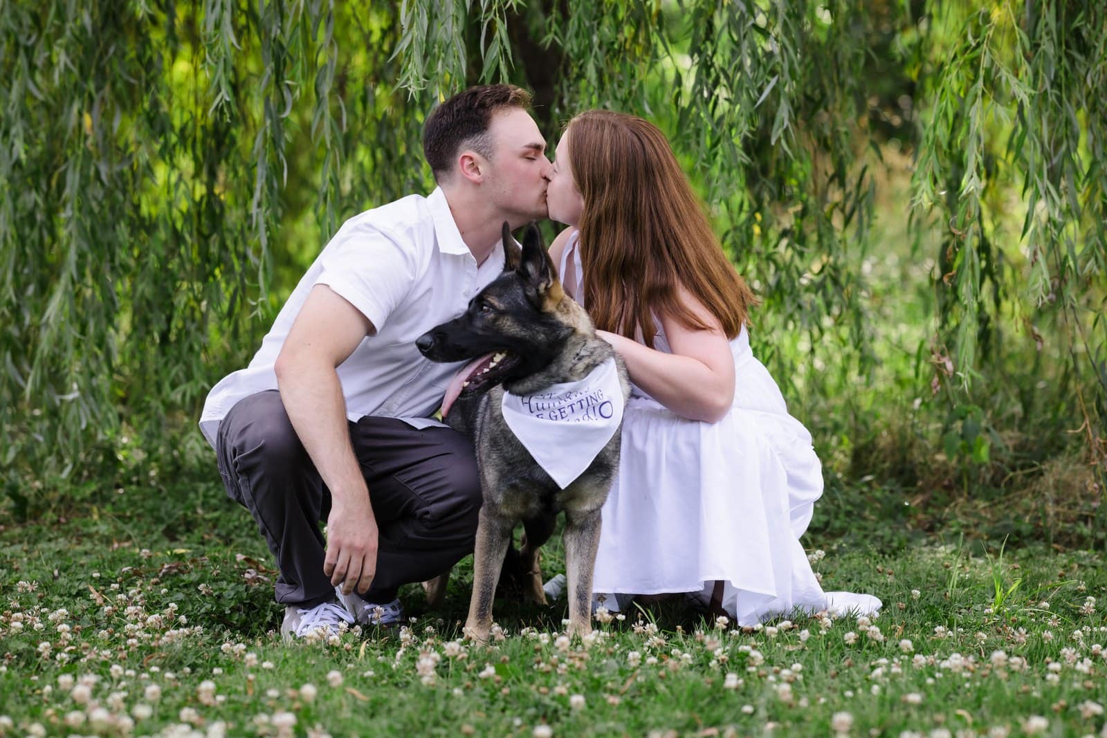 Couple kissing above their dog while seated beneath willow branches in Lehigh Parkway.